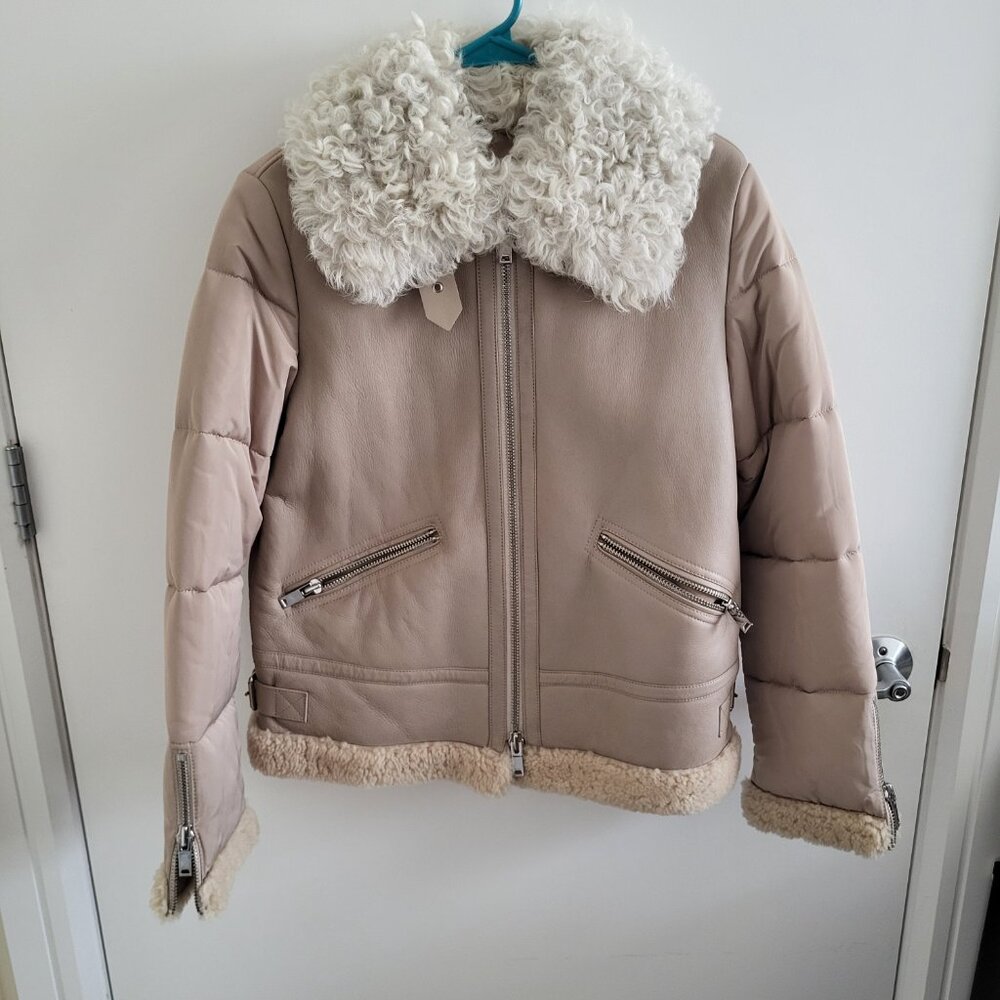 Reiss Solene Shearling Jacket with Quilted Panels - Neutral Women's Coat